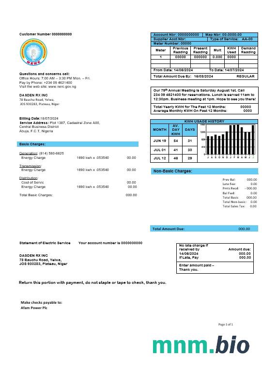 Nigeria nigeryjska Komisja Regulacji energii elektrycznej szablon rachunku za media w formatach Word i PDF